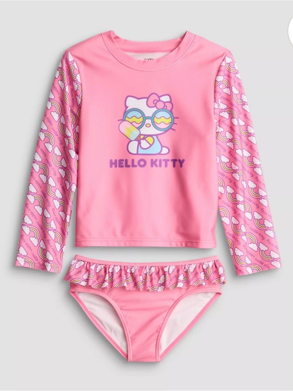 NWT Hello Kitty Sanrio Pink Long-Sleeve Rashguard Two-Piece Swimsuit Size 6 / 6X